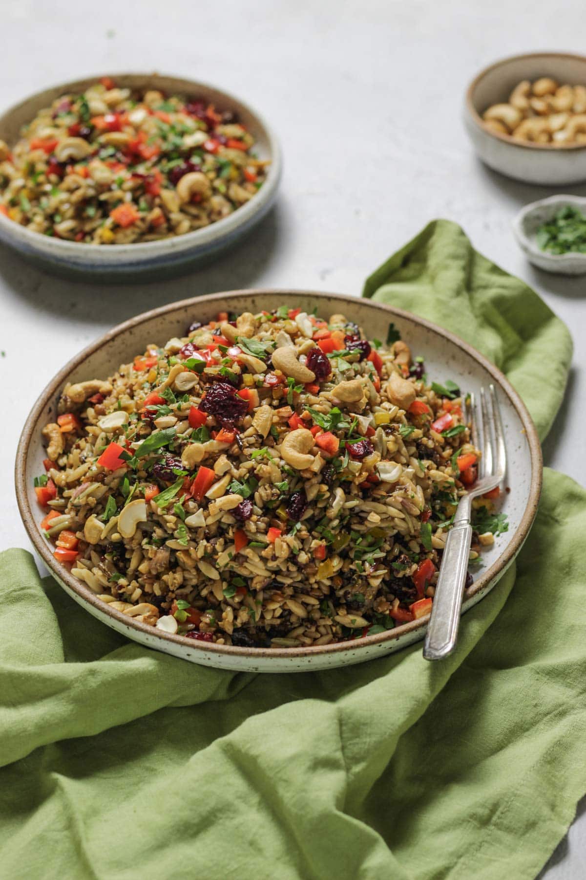 Orzo and wild rice salad in bowls with a linen napkin