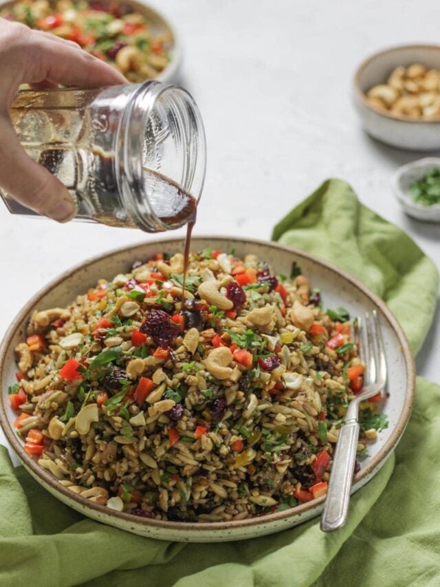 Meal prep Orzo and Wild Rice Salad with homemade dressing