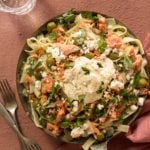 Salmon pasta in a skillet