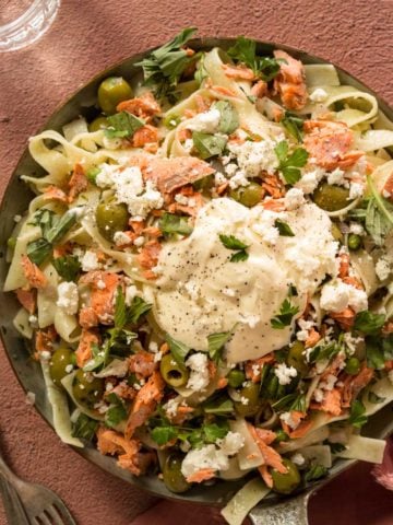 Salmon pasta in a skillet