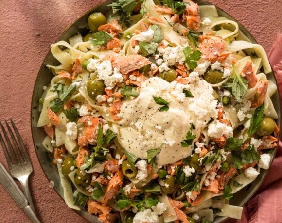 Salmon pasta in a skillet