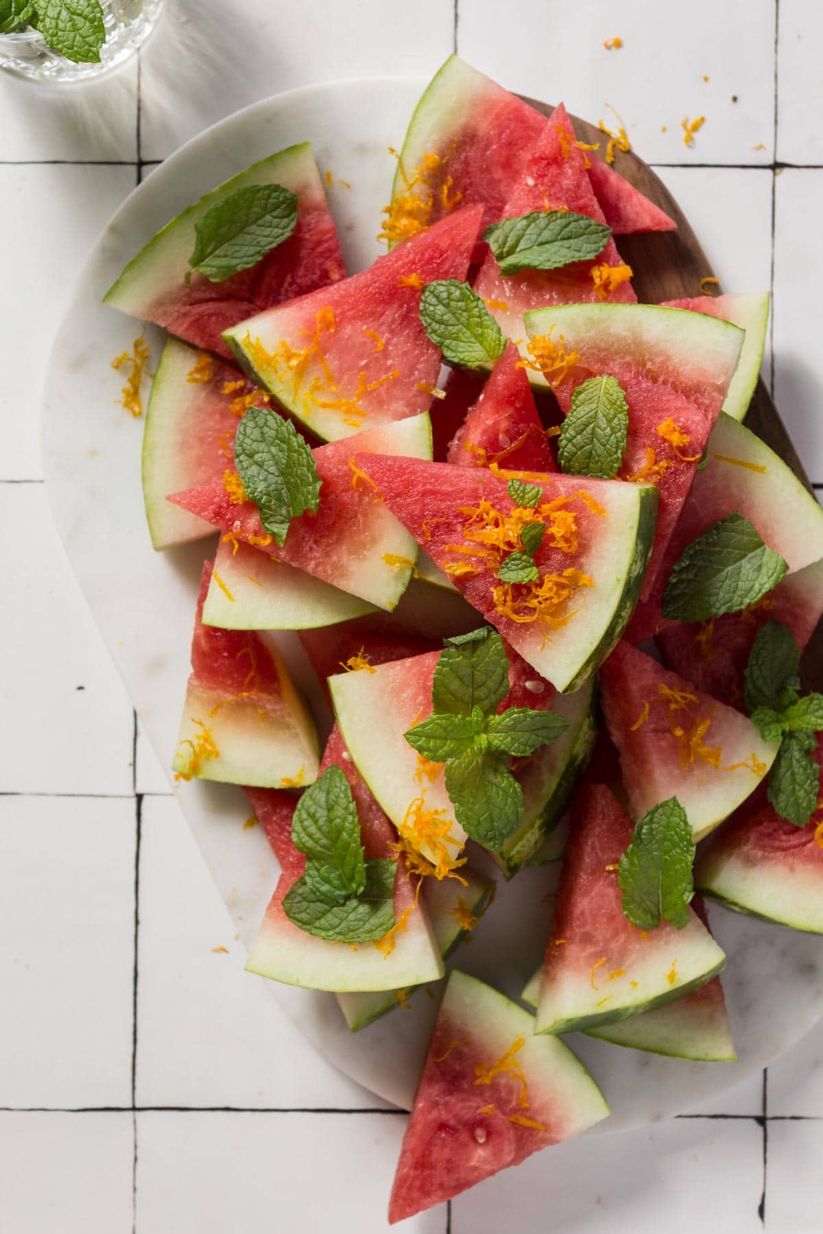Watermelon triangles sliced on a platter