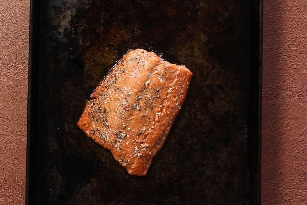 Roasted sockeye salmon on a sheetpan