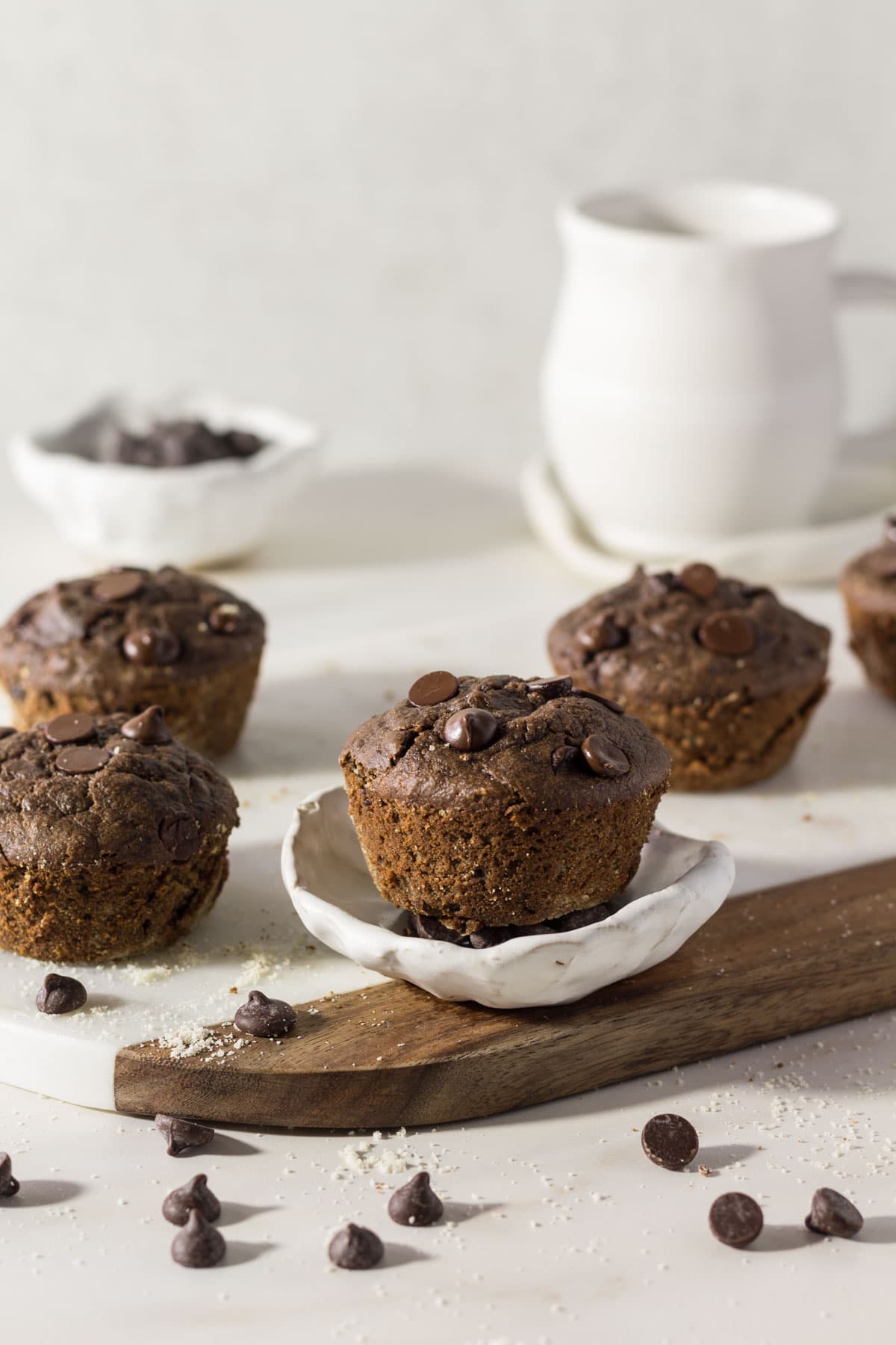 Double Chocolate chip muffins on a marble board