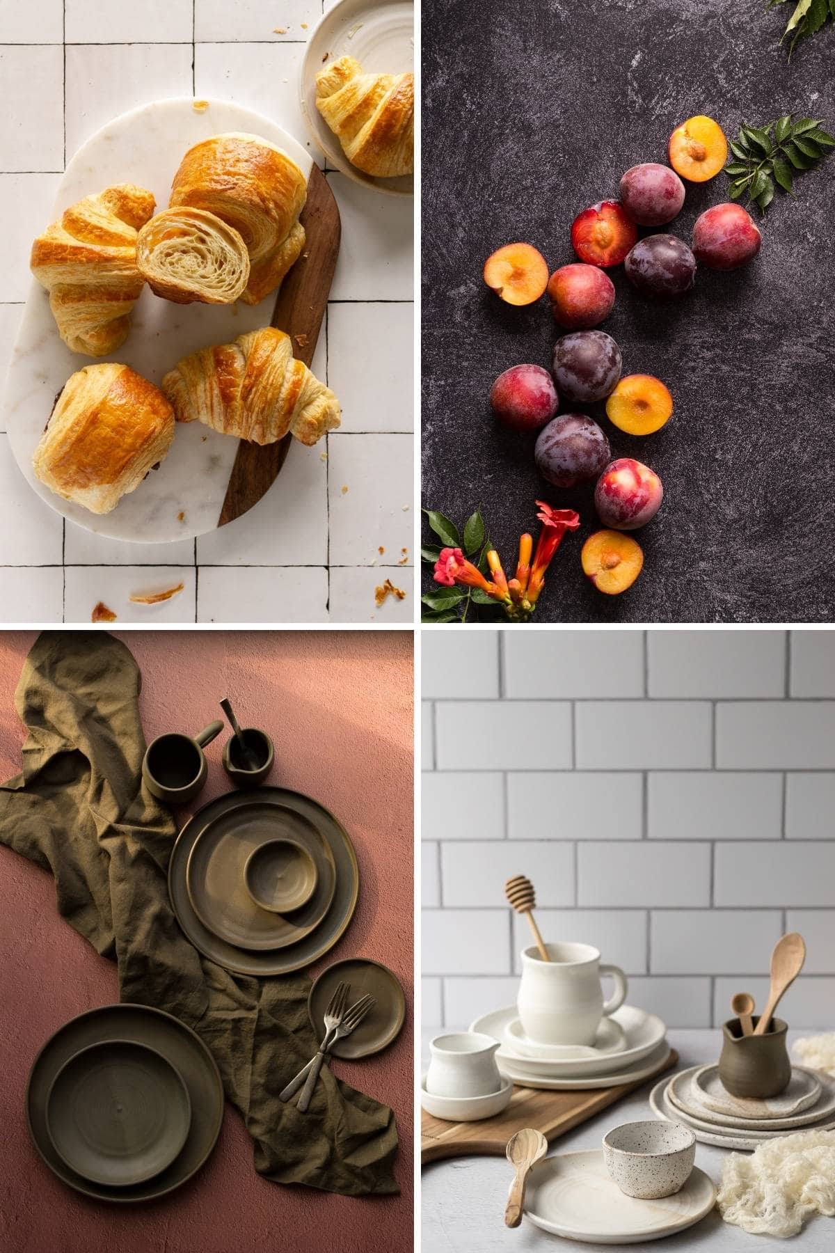 A photo grid of croissants, plums, and pottery