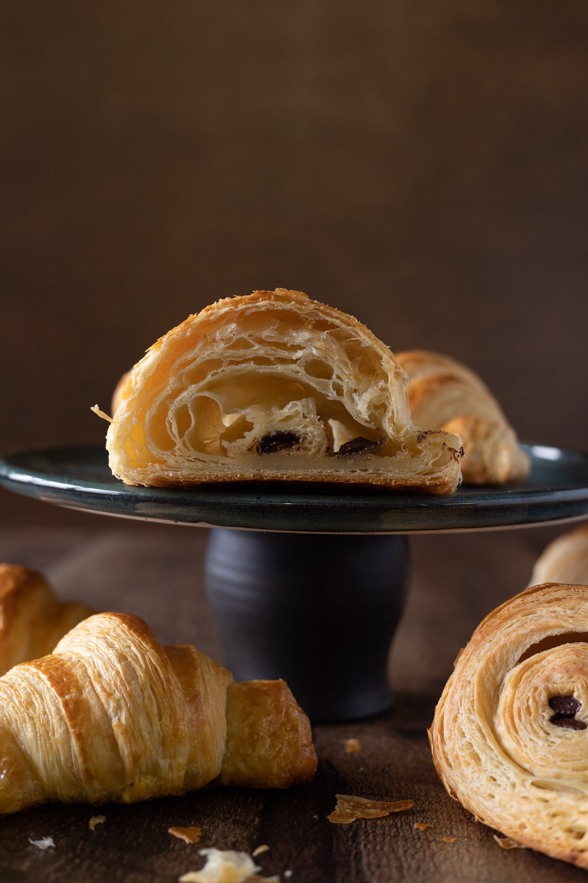 Chocolate croissants on a plate