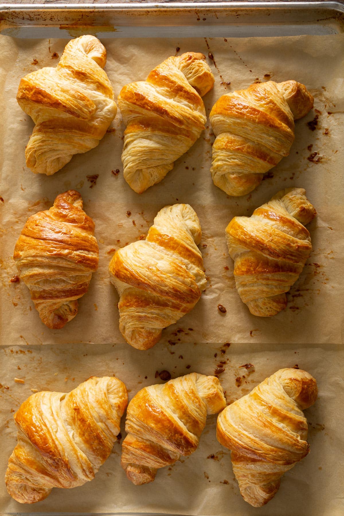 Croissants baked on a sheet pan