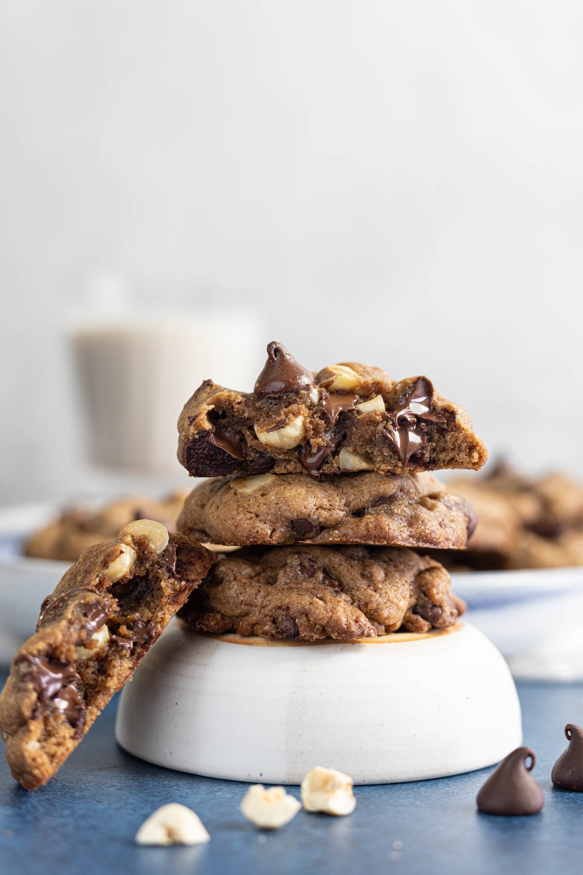 Three double chocolate chip hazelnut cookies on a bowl