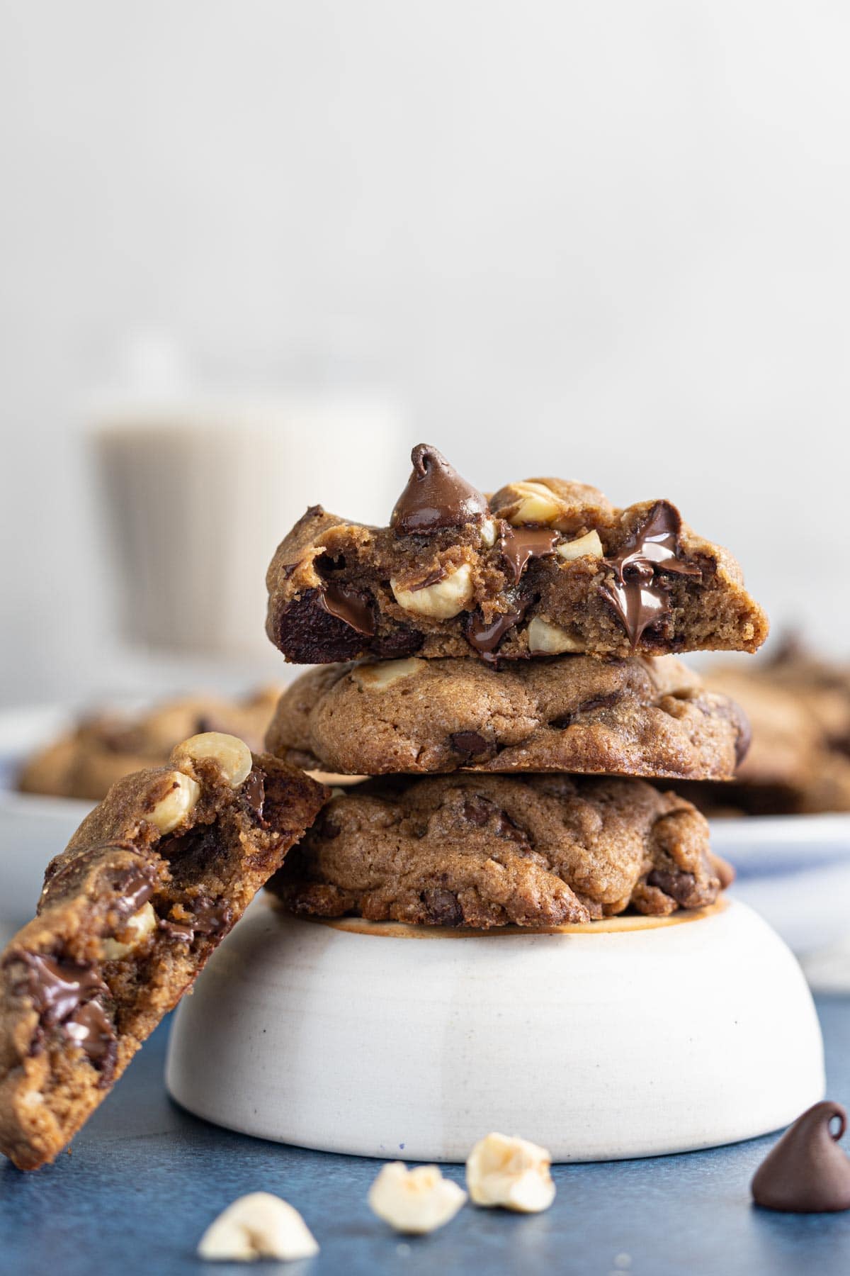 a stack of double chocolate chip cookies broken open