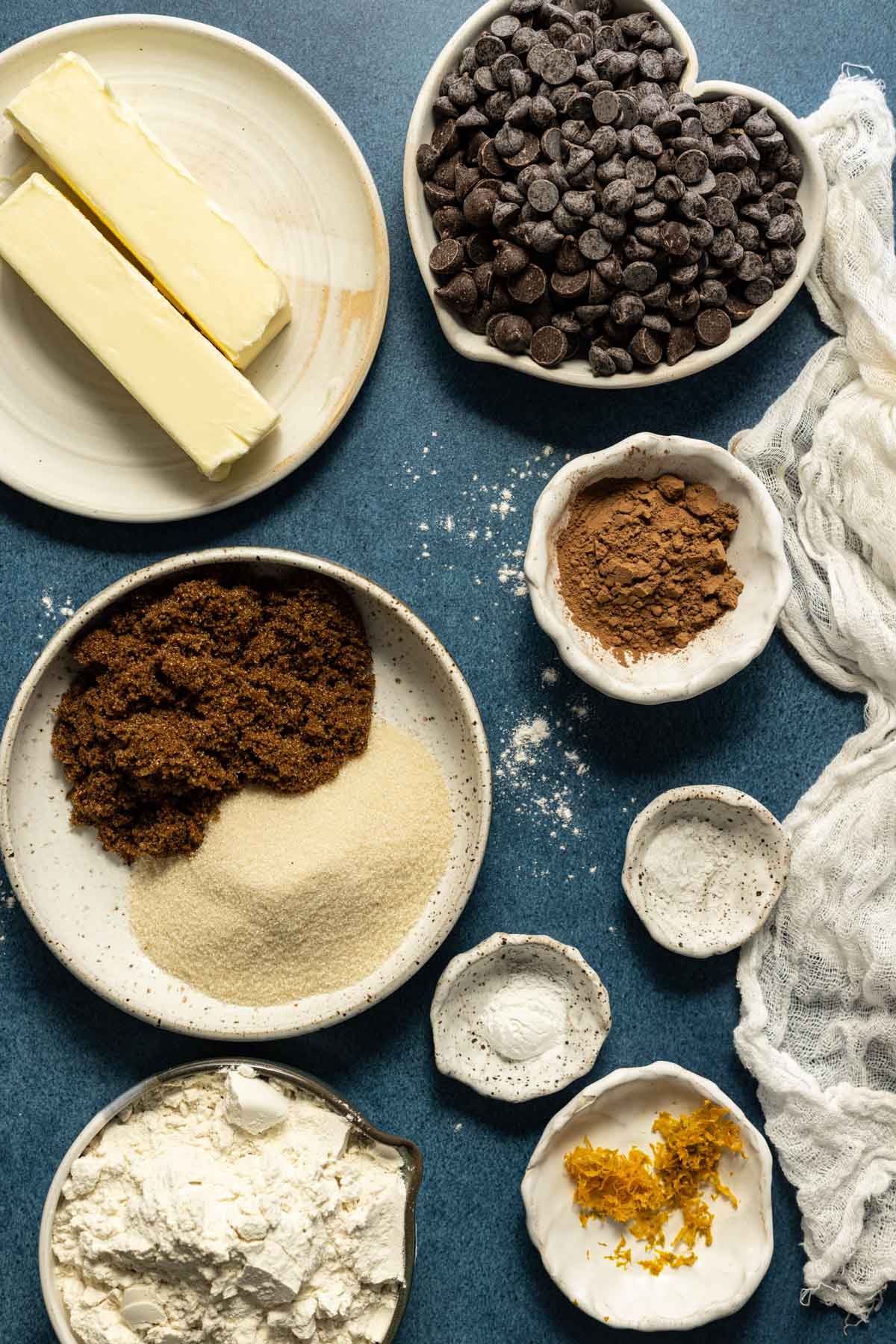 Ingredients for double chocolate chip cookies in bowls