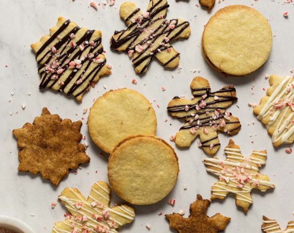 Almond shortbread cookies with chocolate and peppermint drizzled