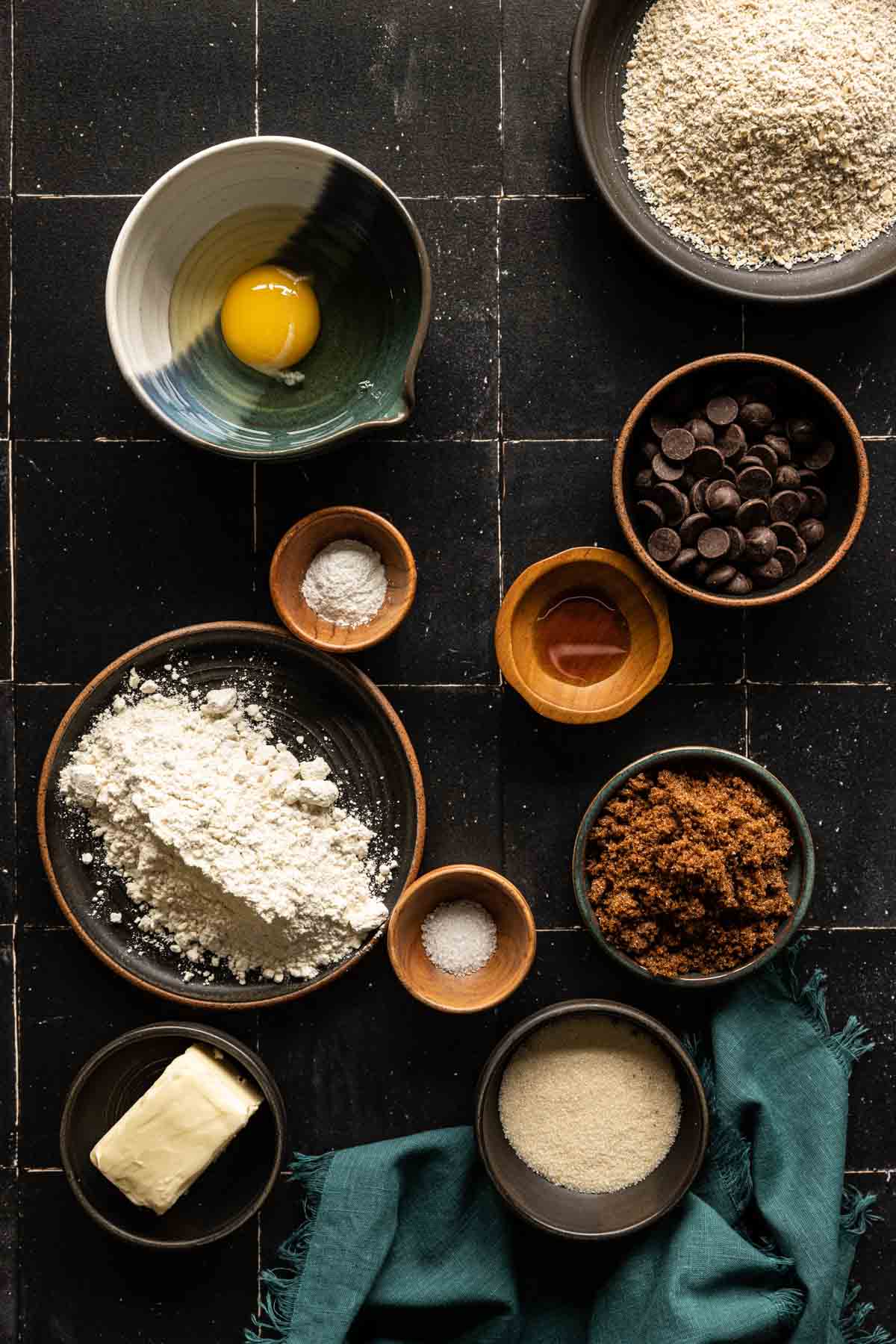 small batch oatmeal chocolate chip cookie ingredients in bowls