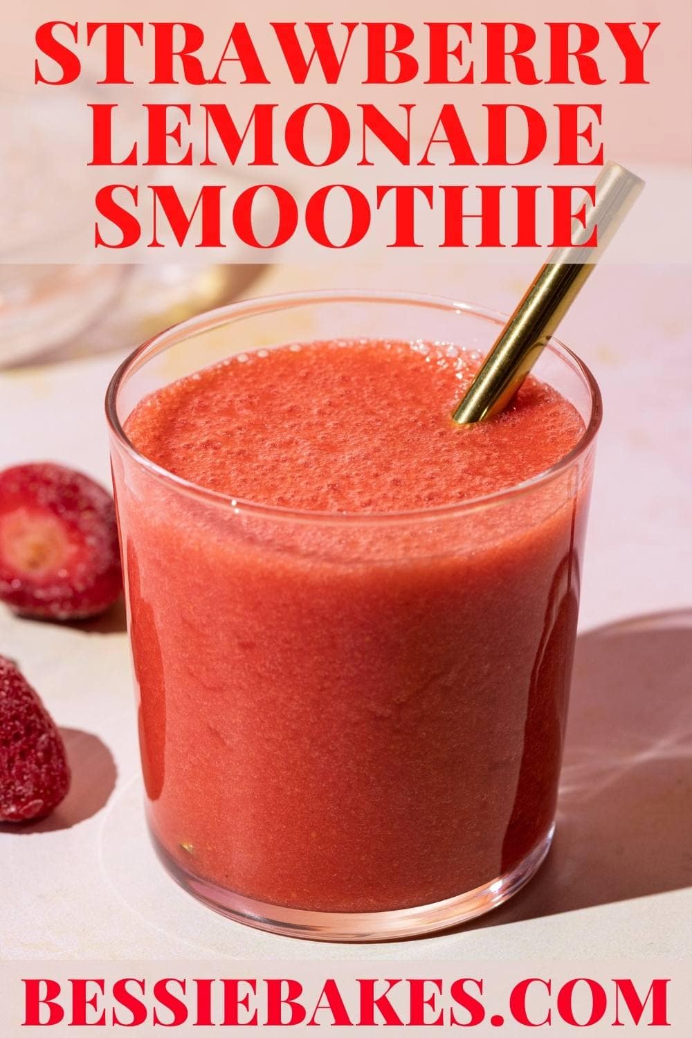 This smoothie is a refreshing show stopper! Vibrant red, tangy lemonade, and sweet strawberries come together to make strawberry sunshine. It’s the easiest must-have drink to make EVER. via @bessiebakes