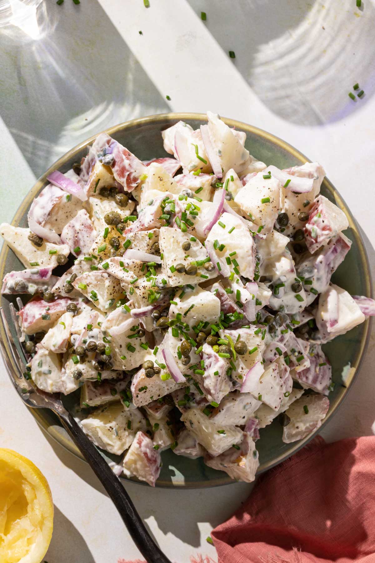 Creme fraiche potato salad on a plate