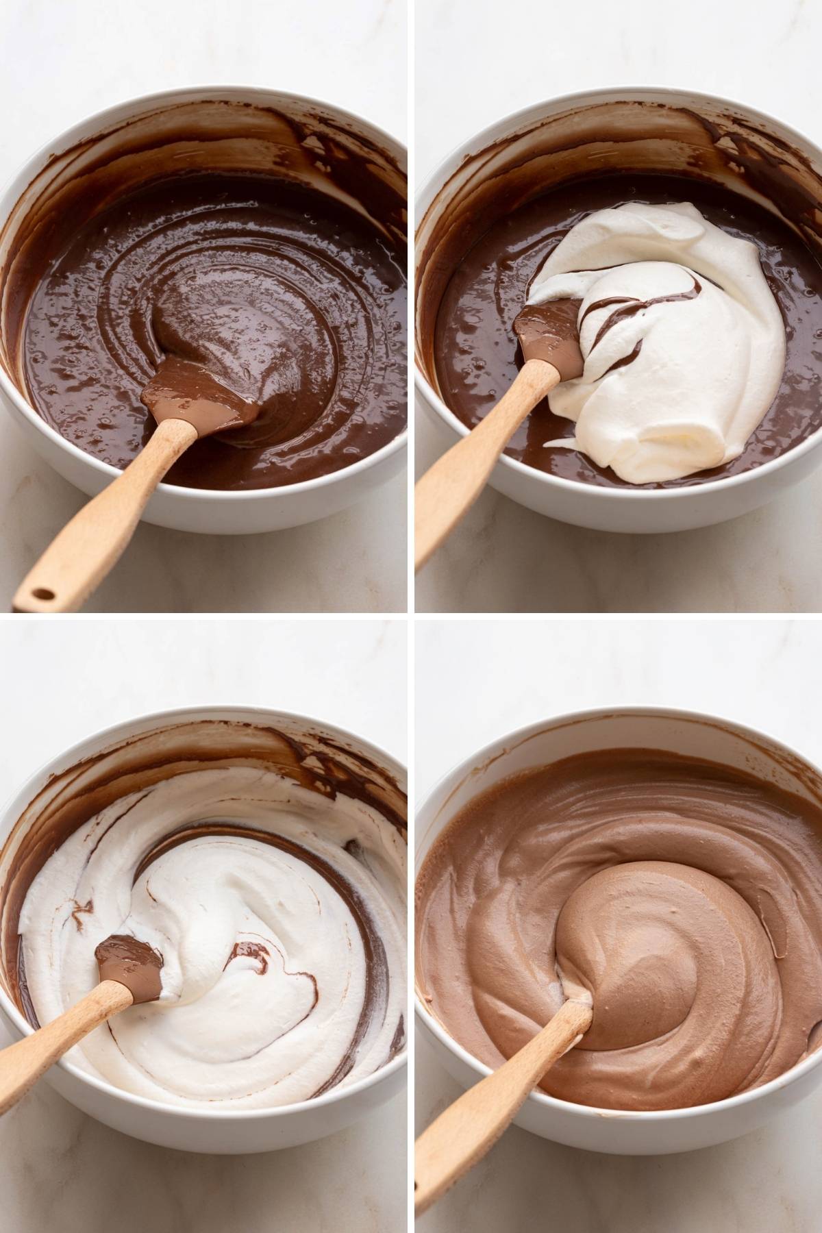 Collage of folding in whipped cream into no churn chocolate ice cream in a bowl
