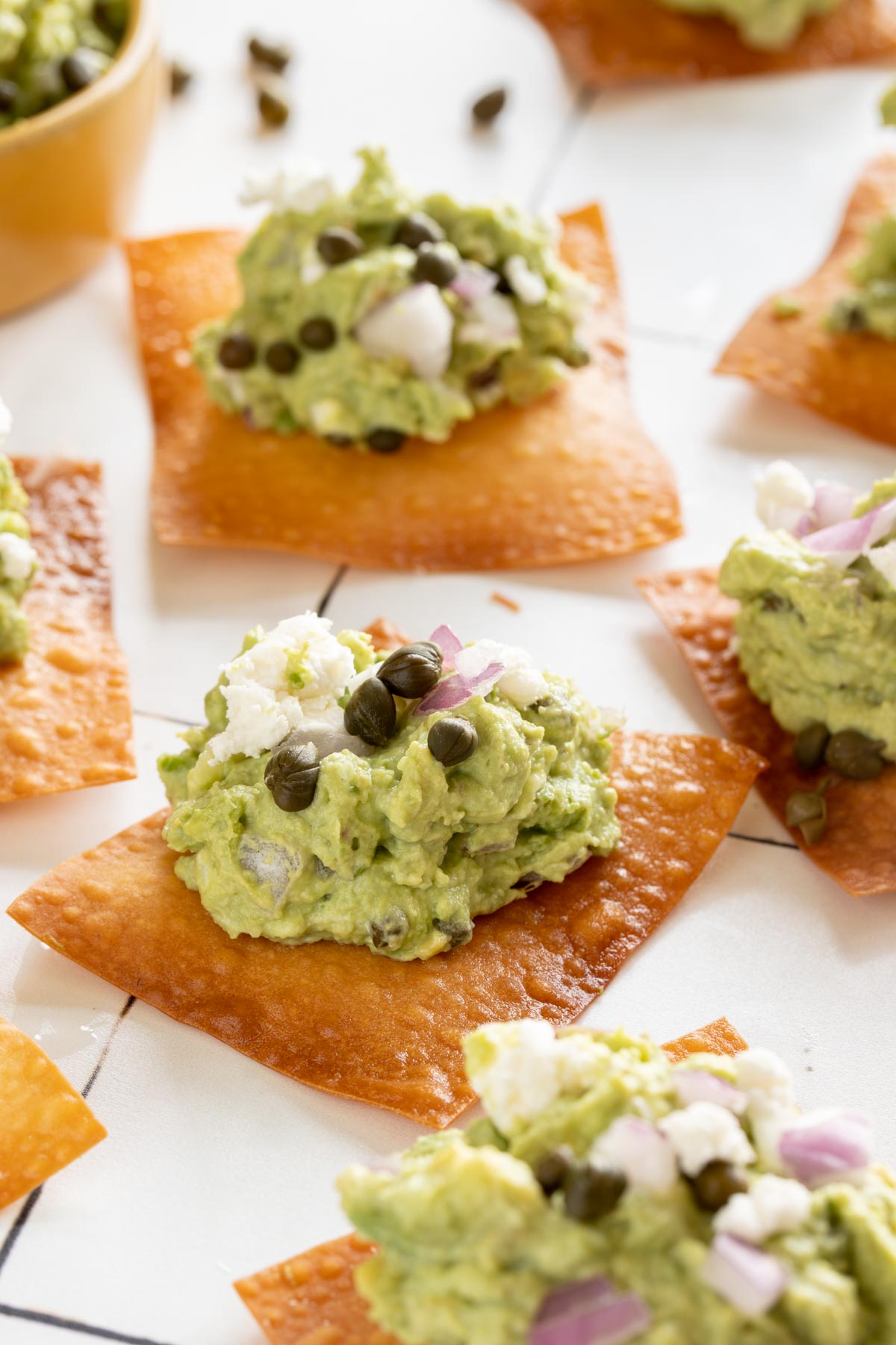 Goat cheese guacamole with wonton skins