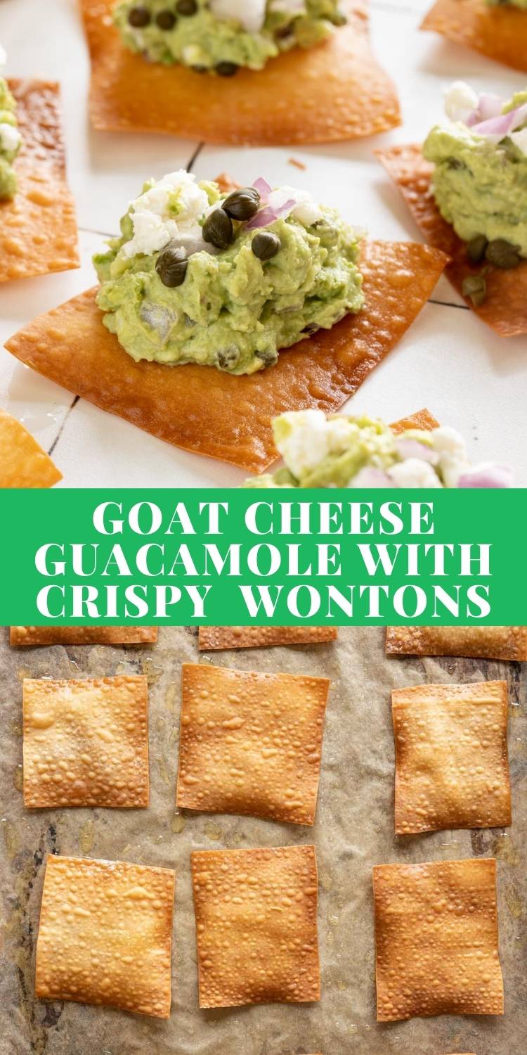 Goat cheese guacamole with crispy wontons is the perfect party appetizer! via @bessiebakes