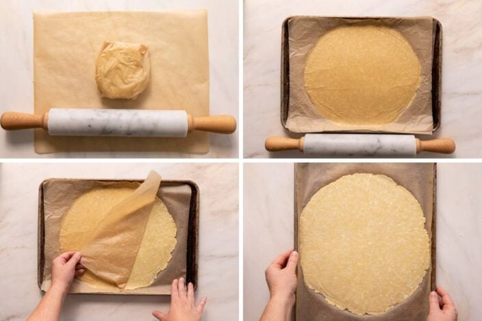Grid of 4 photos rolling out a pie crust with parchment paper