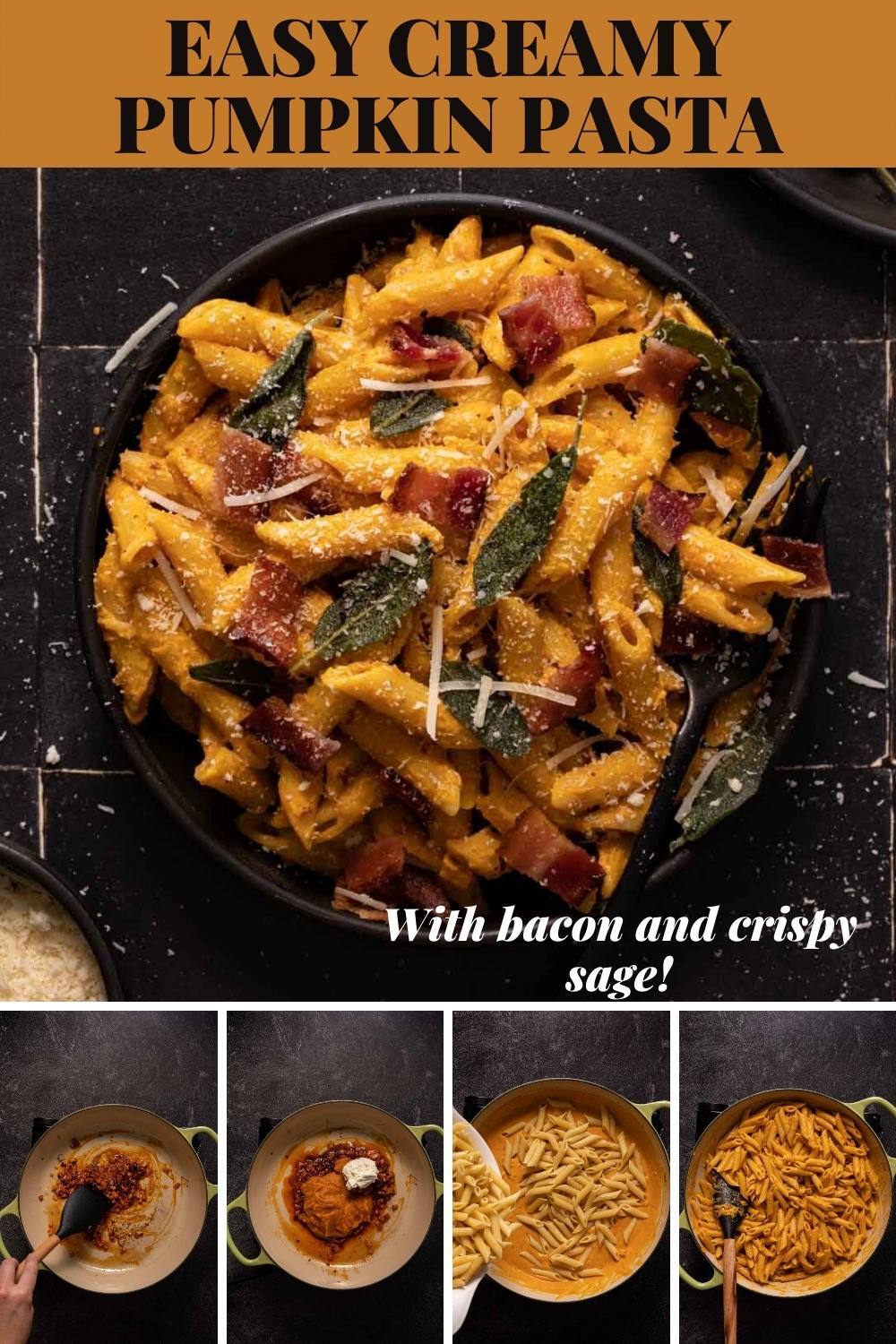 Pumpkin penne pasta with a collage of recipe photos via @bessiebakes