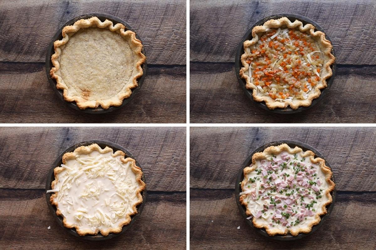 A collage of pie crust photos with cheese, carrots, and quiche filling