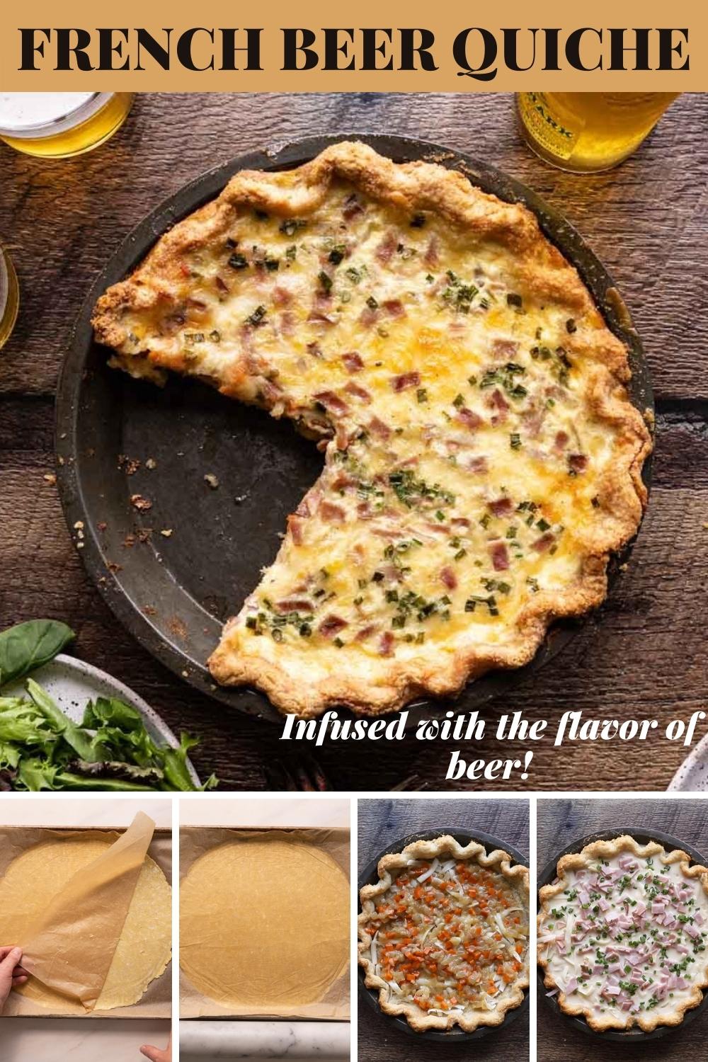 French Beer Quiche with a collage of recipe photos via @bessiebakes