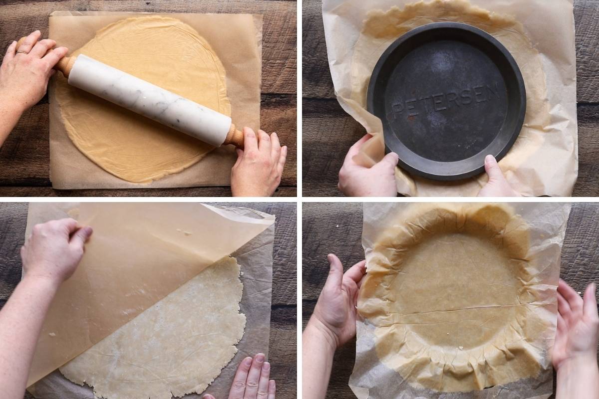 A collage of photos rolling out a pie crust