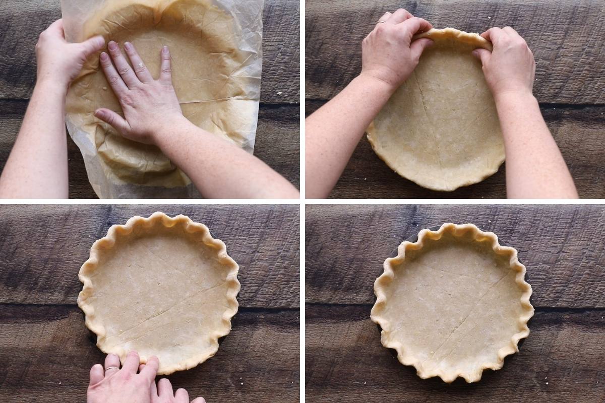 A collage of photos shaping a pie crust in a pie pan