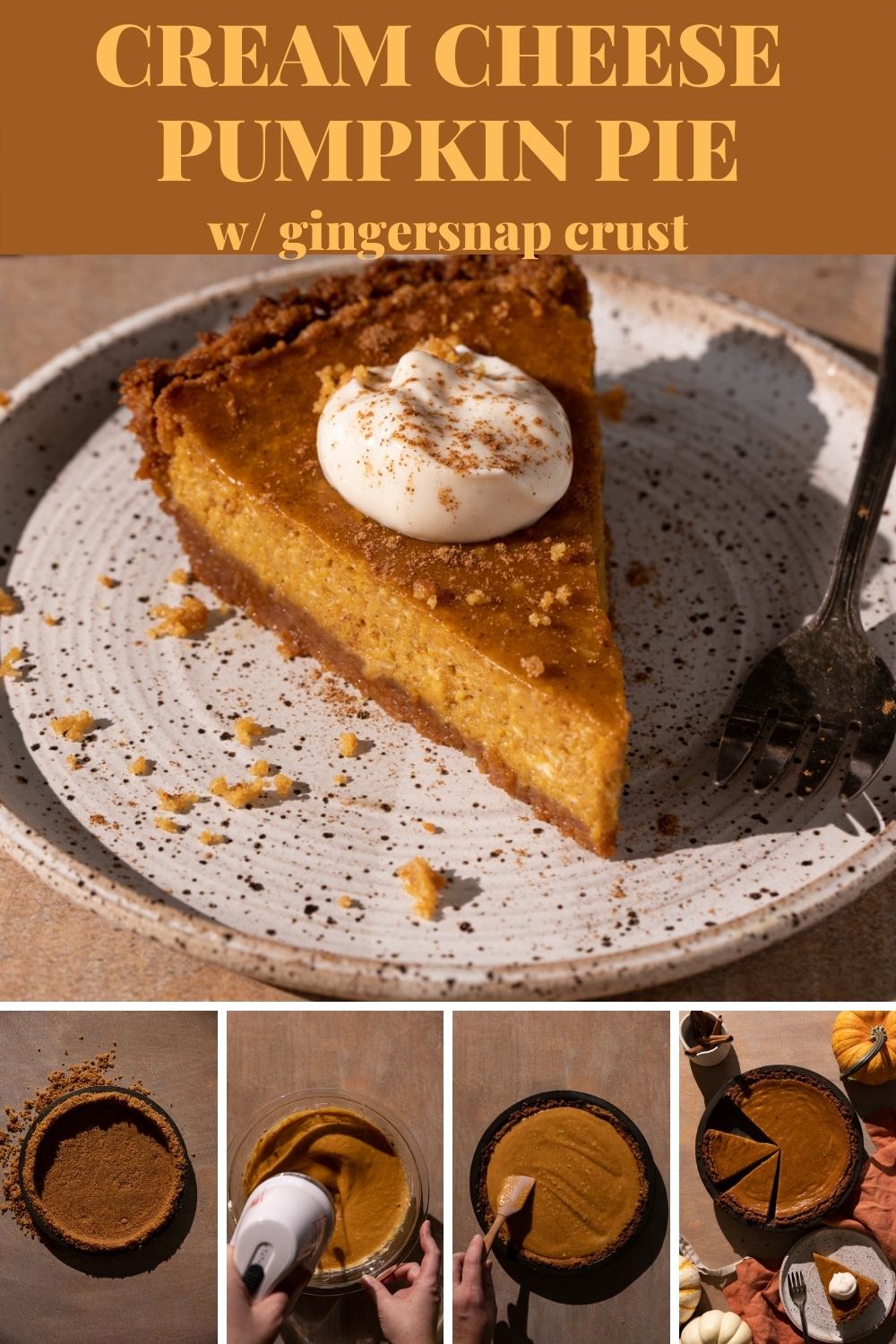 a photo grid of cream cheese pumpkin pie with step-by-step photos via @bessiebakes