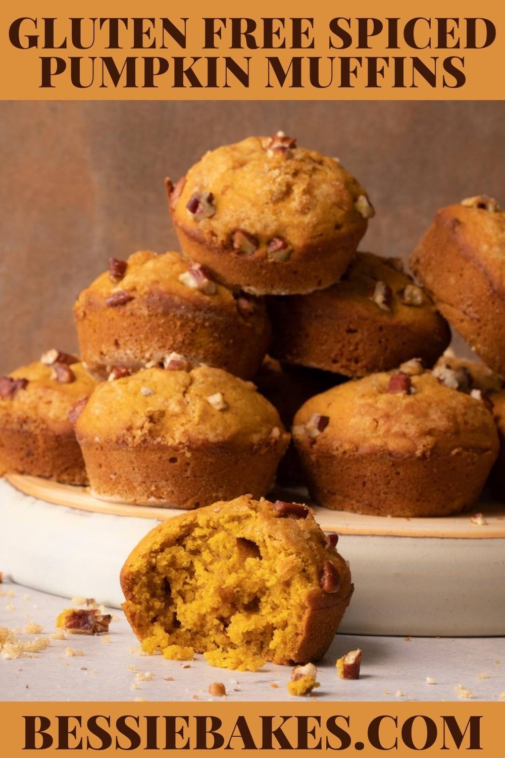 Gluten Free Pumpkin Muffins stacked on a plate via @bessiebakes