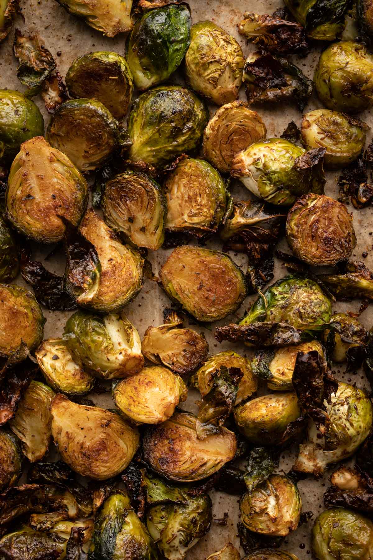 Baked brussel sprouts on parchment paper