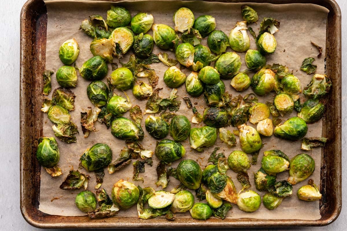 baked Brussel sprouts on a sheet pan