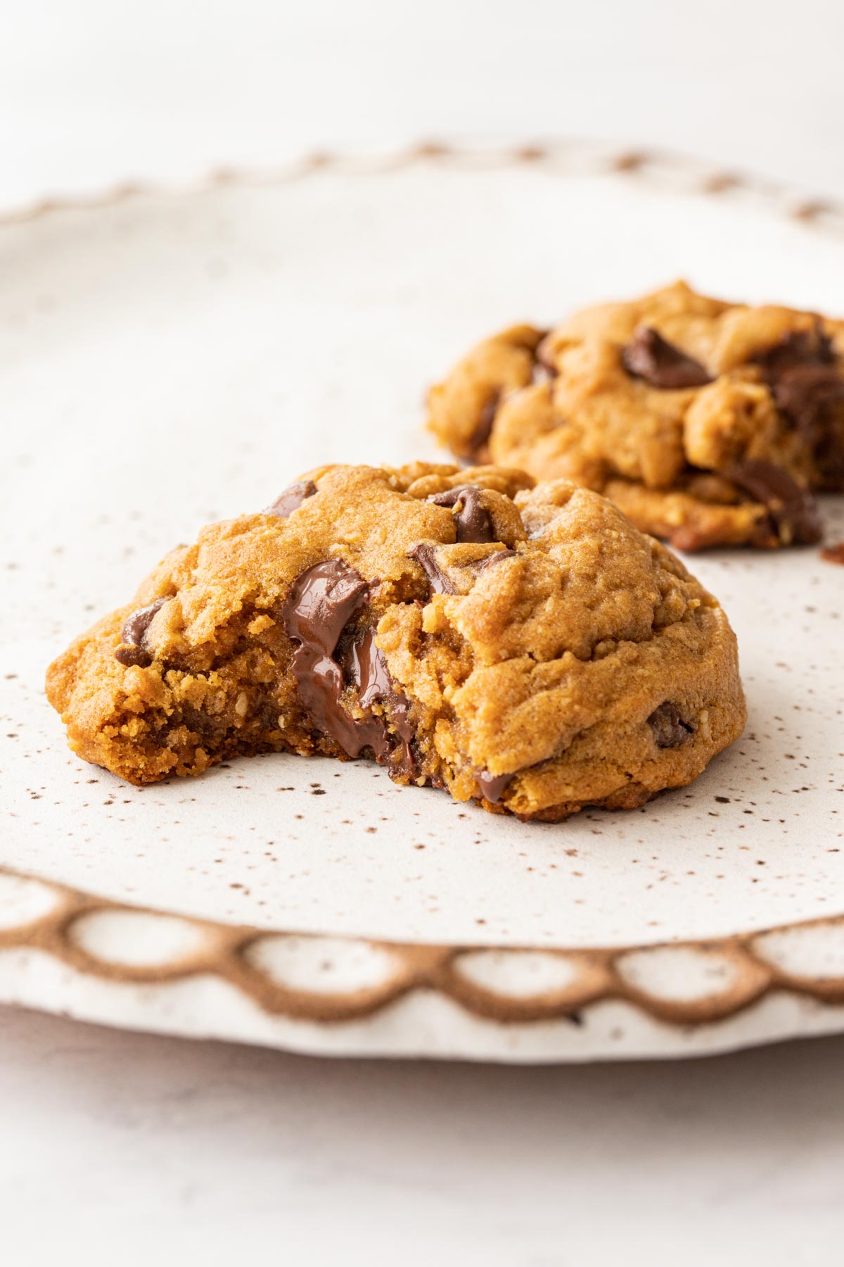 A bite taken out of an Oatmeal molasses chocolate chip cookie on a plate