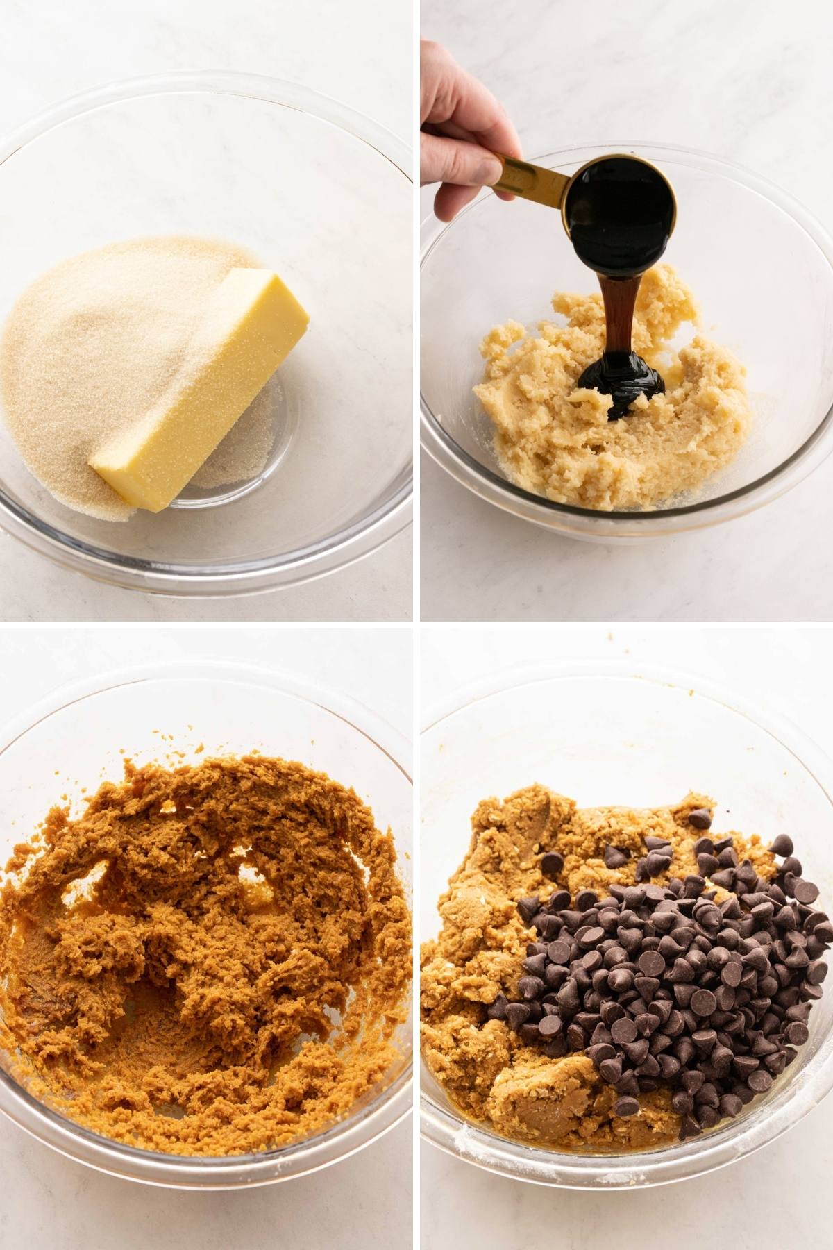 Photo grid of making oatmeal molasses chocolate chip cookies