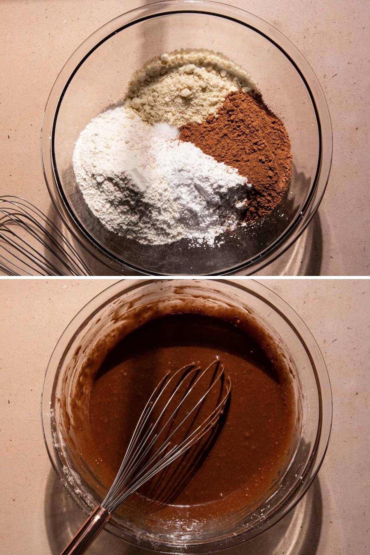 A grid of photos of mixing ingredients for chocolate financiers