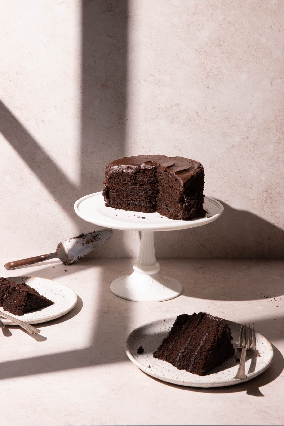 A chocolate cake on a cake stand with window shadows
