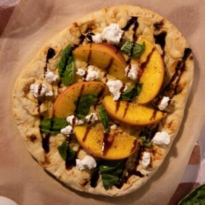 Flatbread with peaches, goat cheese and balsamic vinegar