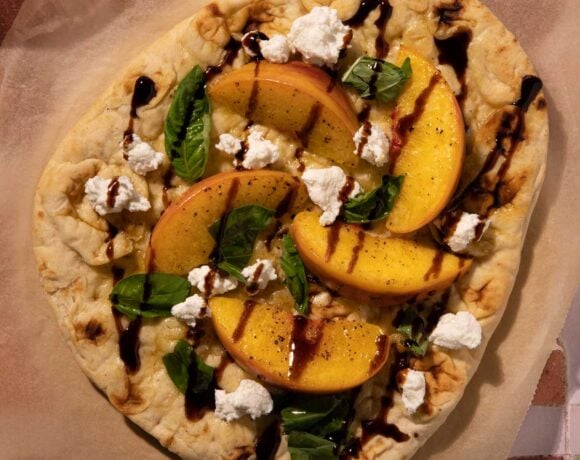 Flatbread with peaches, goat cheese and balsamic vinegar