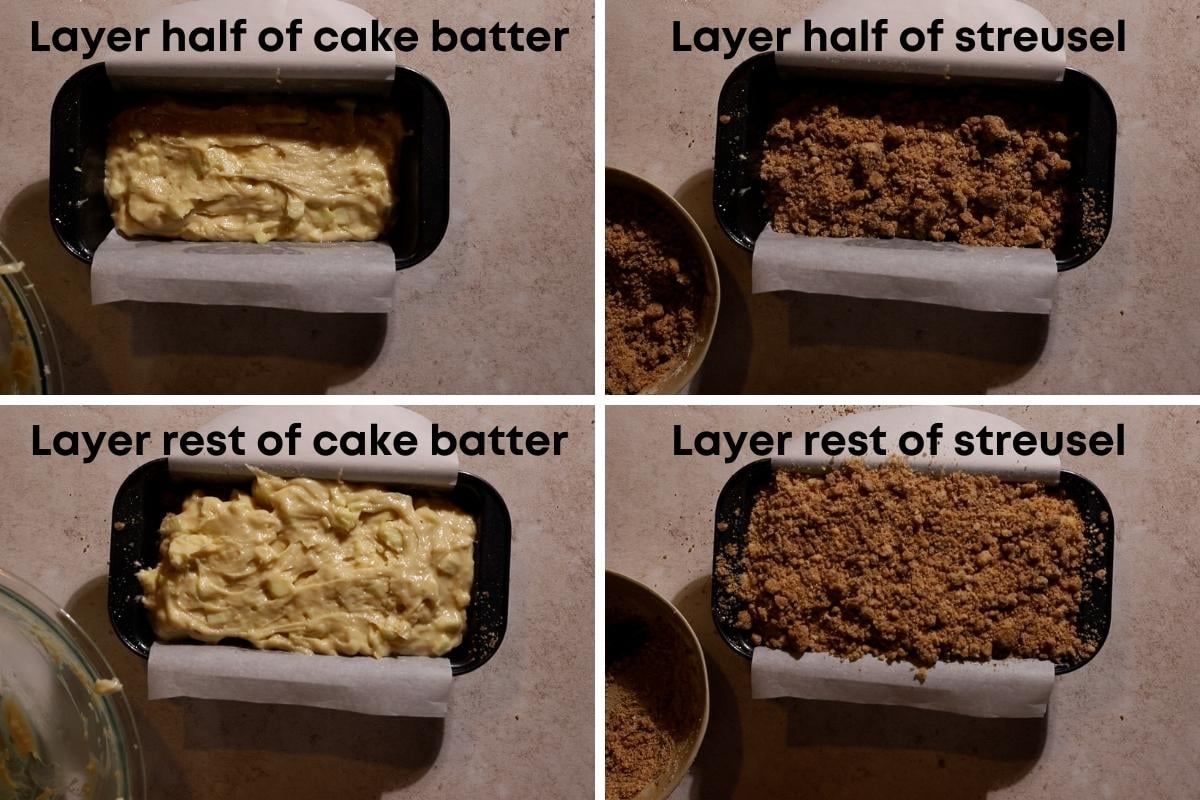 A grid of photos layering in apple streusel cake batter into a loaf pan