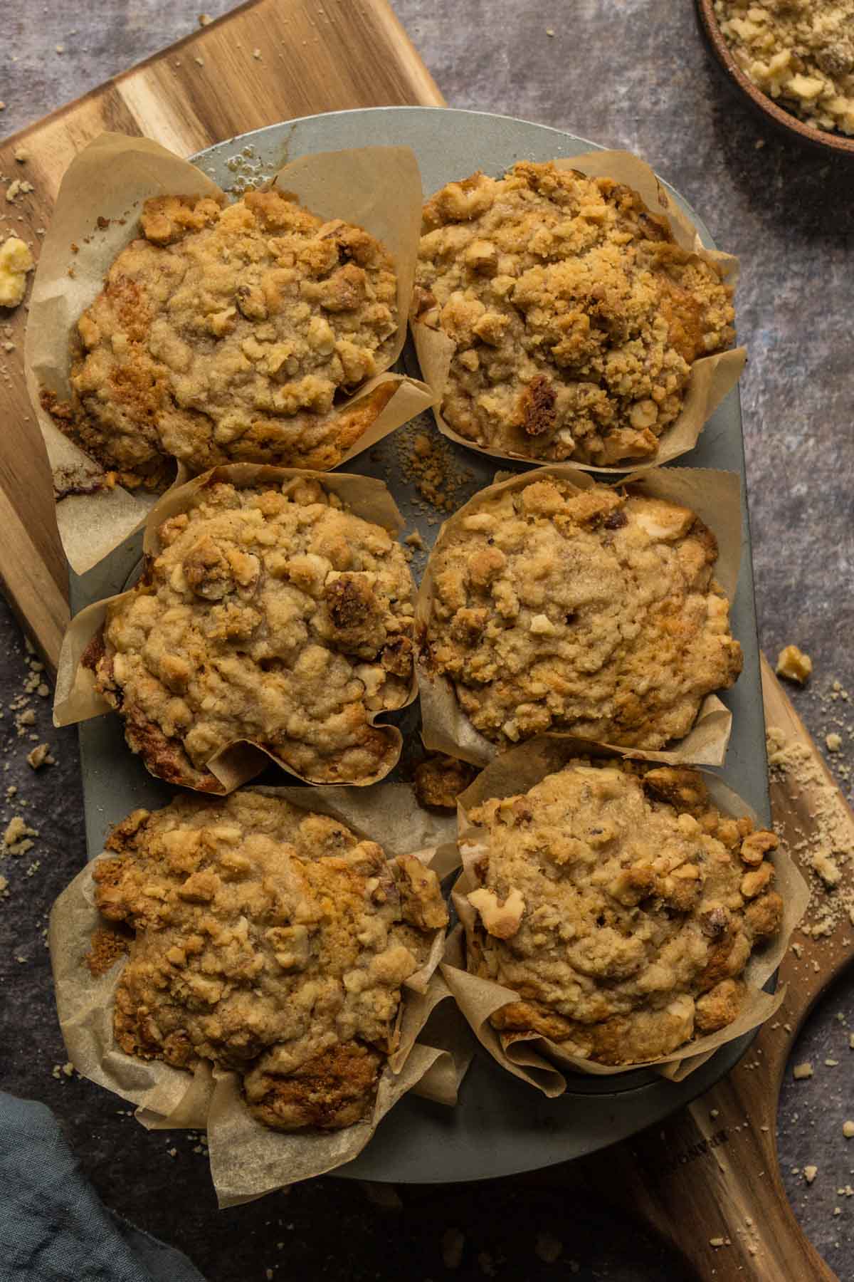 Banana muffins baked with streusel topping 