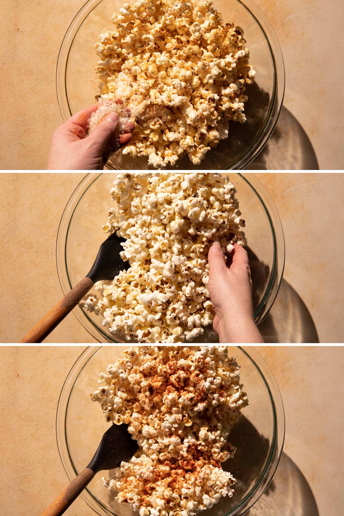 A grid of mixing parmesan and smoked paprika over popcorn in a bowl