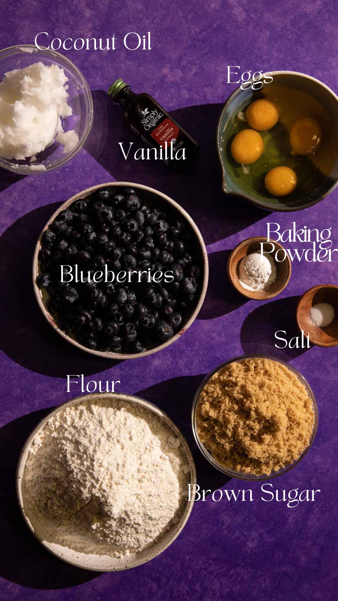 Bowls of ingredients for Blueberry Muffins with coconut oil