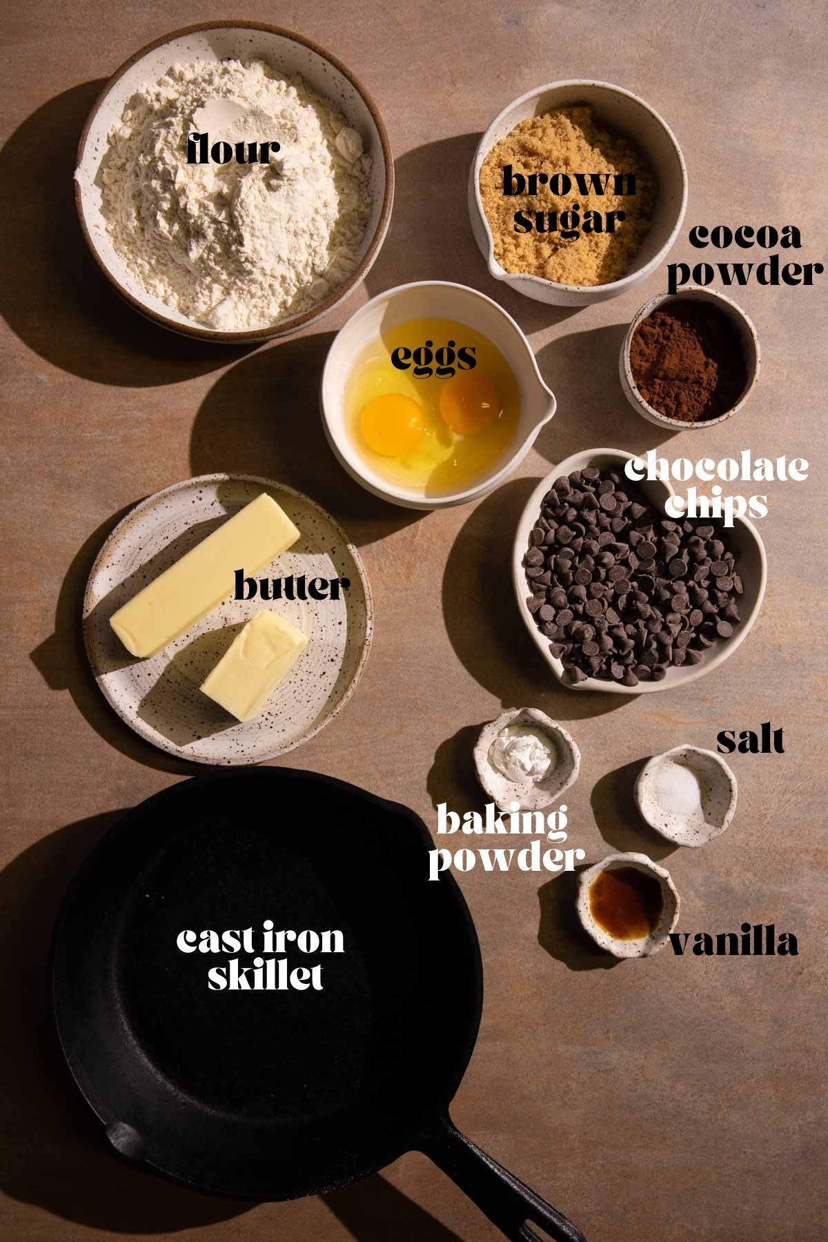 Bowls of ingredients for Double Chocolate Skillet Cookie