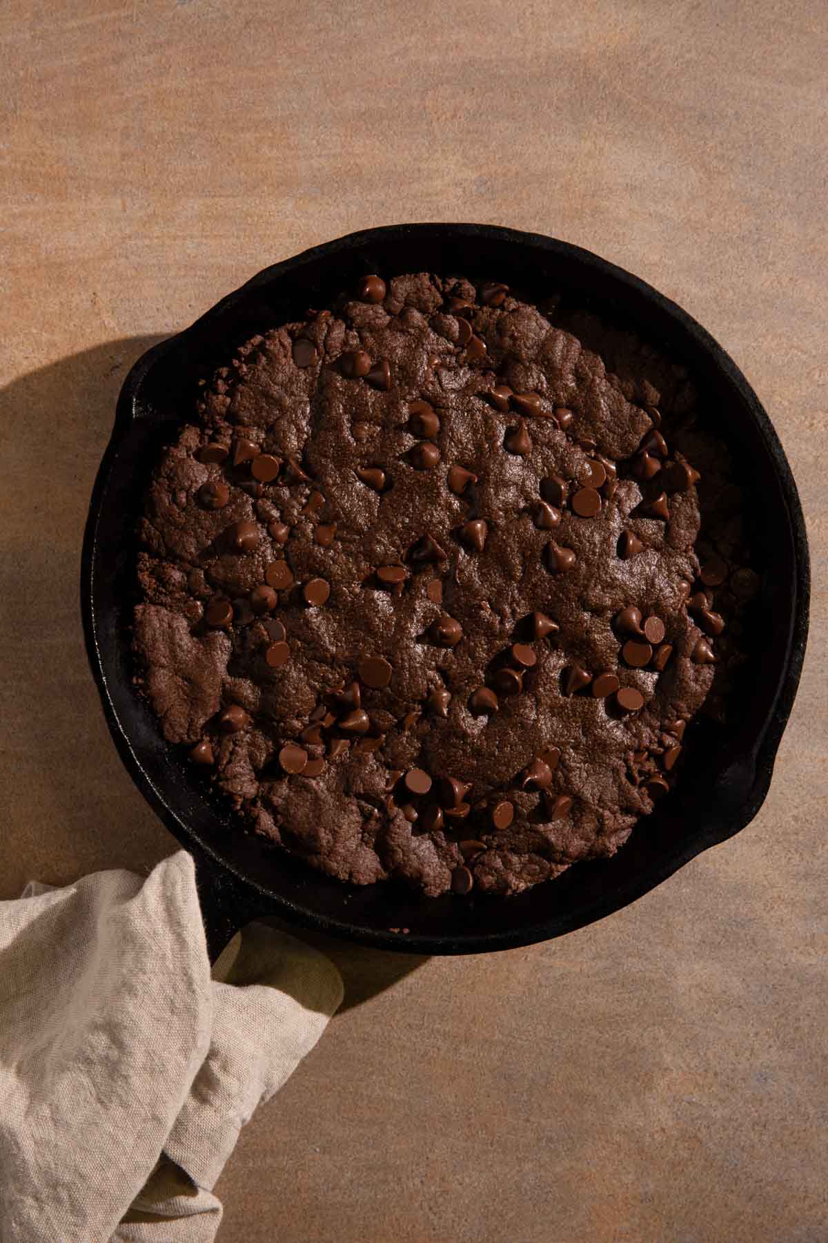 Double Chocolate skillet cookie baked in a cast iron skillet