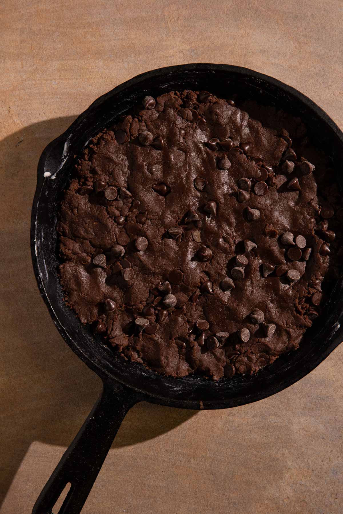 Double chocolate skillet cookie dough before baking
