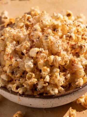 A bowl of garlic parmesan popcorn