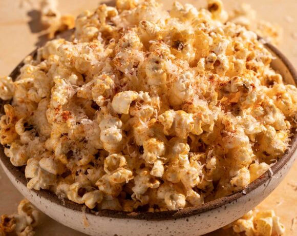 A bowl of garlic parmesan popcorn