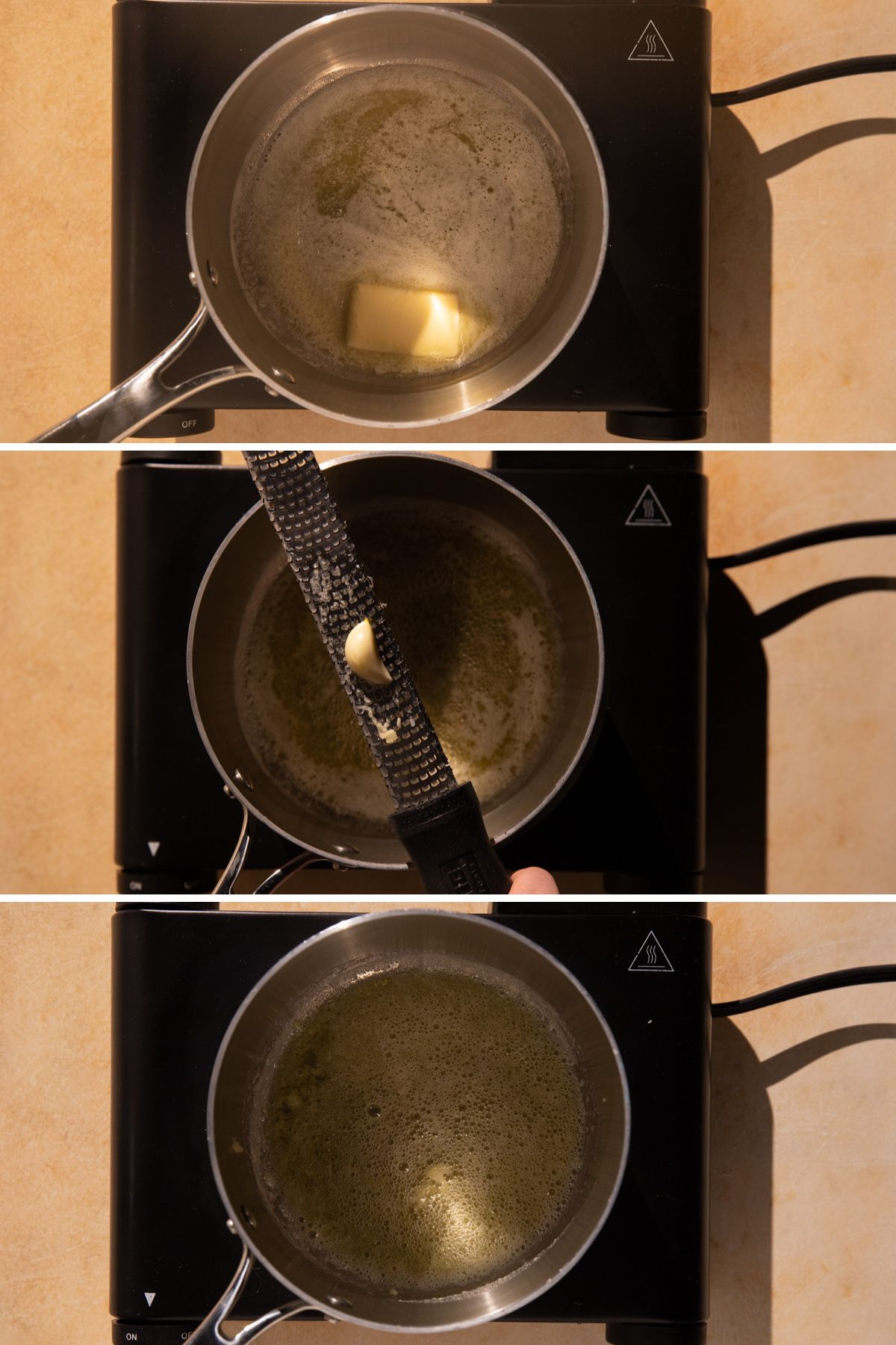 A grid of photos melting butter and garlic in a sauce pan
