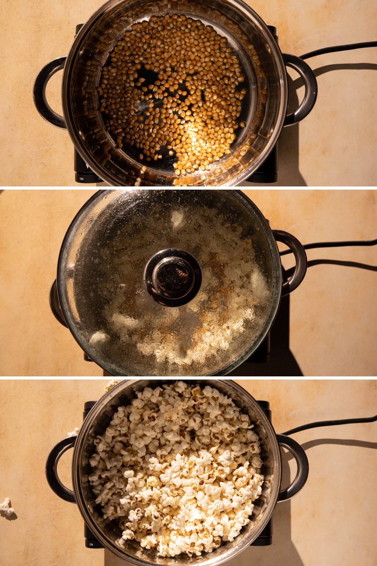 A grid of photos of popping popcorn in a pot with a lid