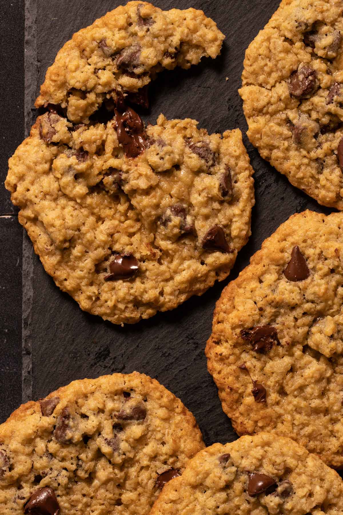 Oatmeal chocolate chip cookies up close with a bite taken out of them