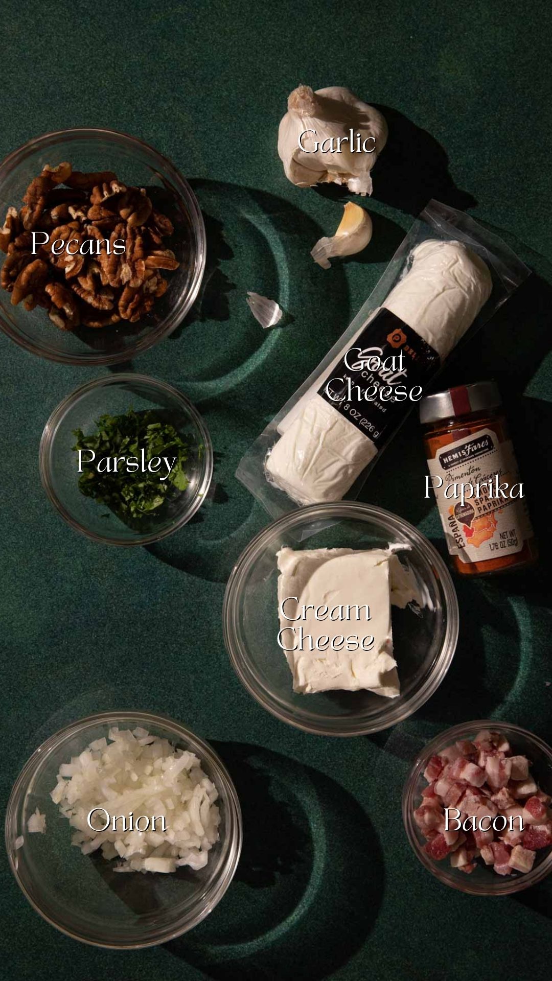 A picture with ingredients for goat cheese dip in small bowls.